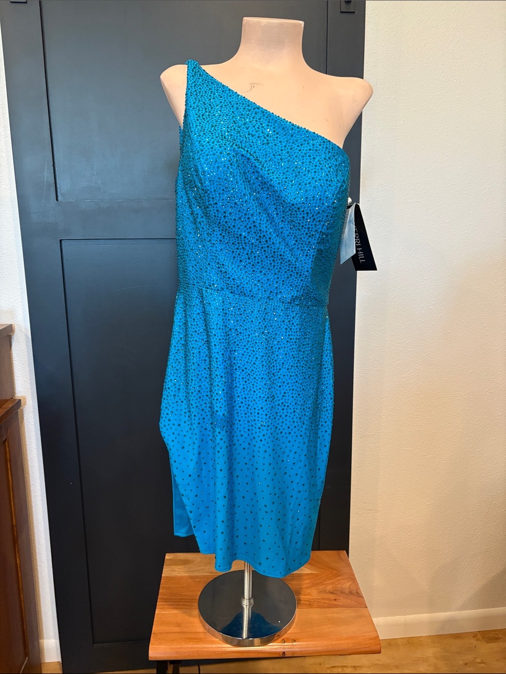 643. Sherri Hill One-Shoulder Turquoise Blue Cocktail Dress